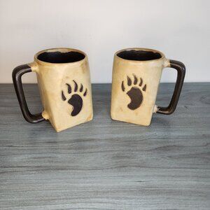 Set of 2 Mara Stoneware Coffee Mugs with Bear Paw Print Design, 4.5" Tall
